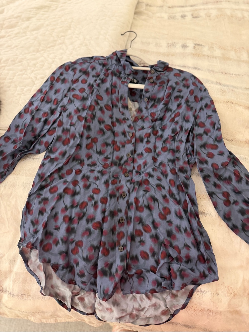 J. Crew Blue Button-Front Blouse with Red Spot Print